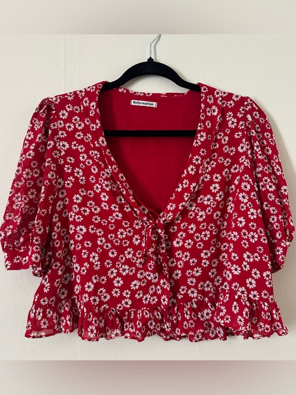 Reformation Sloan Top Red Floral Tie-Front Blouse